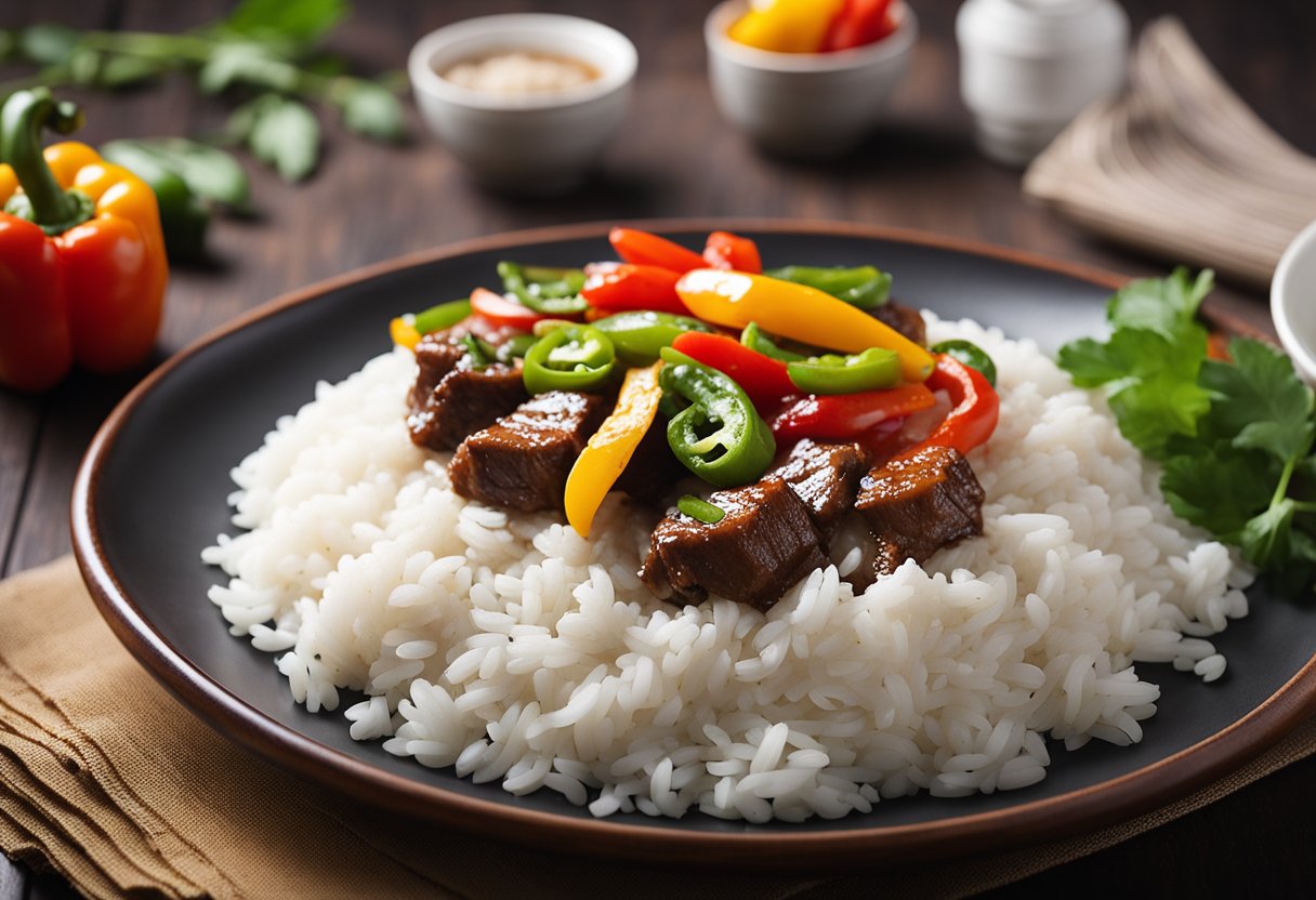 A steaming hot plate of Chinese pepper steak, garnished with colorful bell peppers and served alongside fluffy white rice