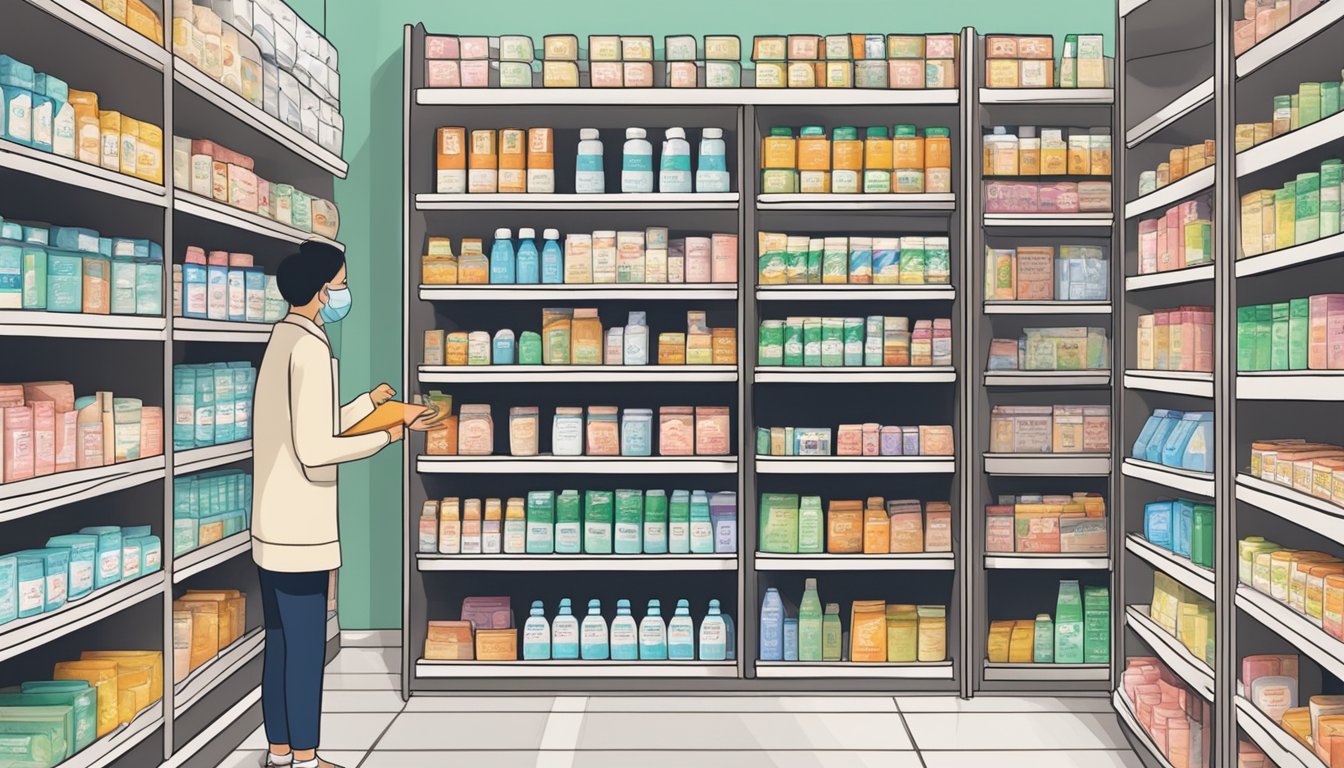 Shelves stocked with tokuhon plaster at a Singapore pharmacy. Customers browsing nearby