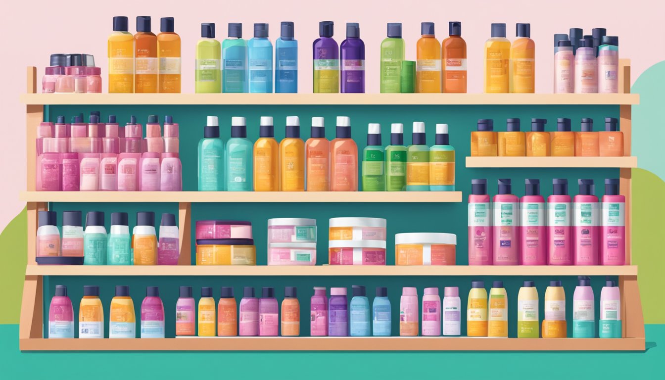 A bustling Singaporean market stall displays Ellips Hair Vitamin products for sale. Brightly colored packaging catches the eye, surrounded by other hair care items