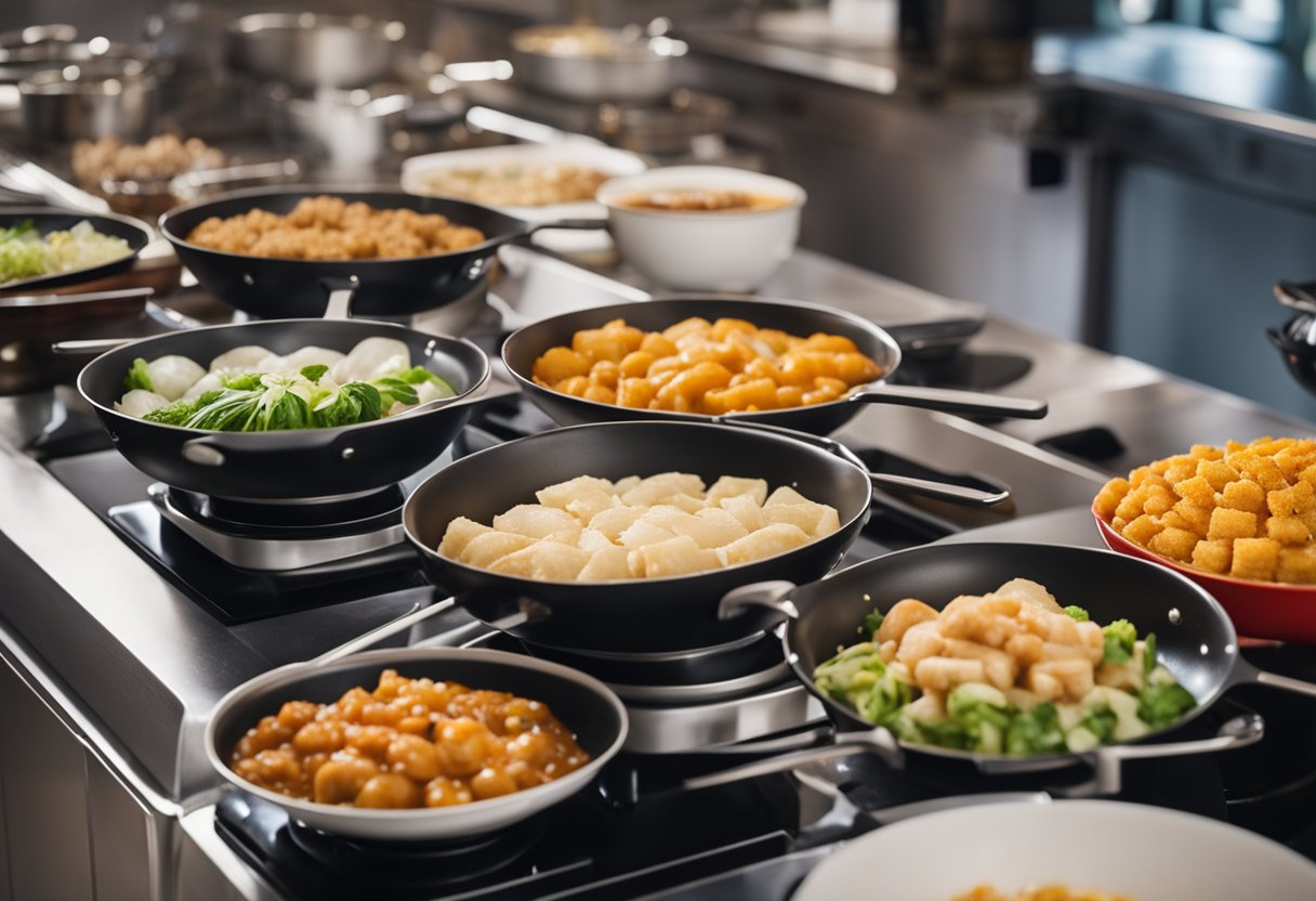 A colorful array of traditional Chinese New Year dishes being prepared in a modern Thermomix kitchen, with steam rising from the pots and pans