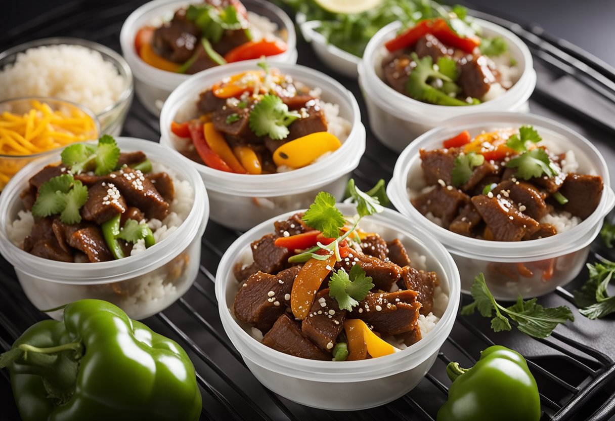 Sizzling stir-fried beef with peppers in a savory sauce, transferred to airtight containers and placed in the refrigerator. Later, the containers are taken out and reheated in a microwave or on the stove
