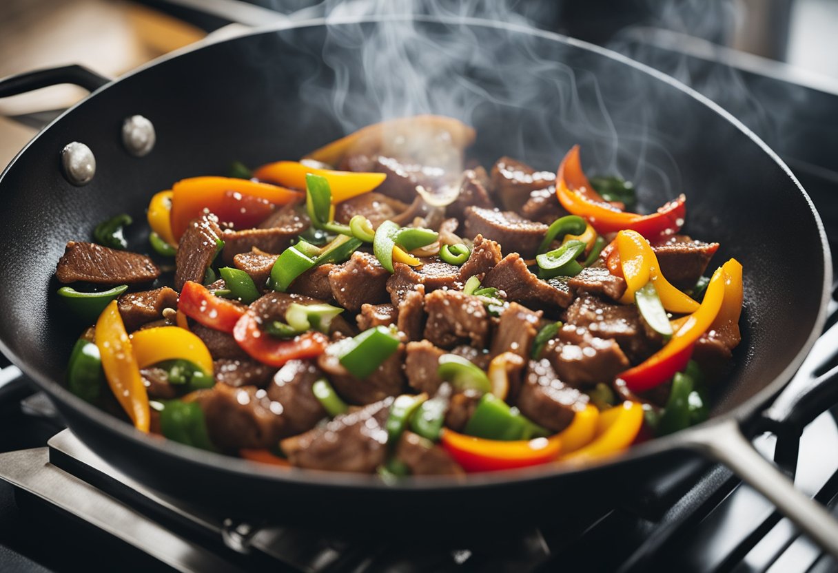 A sizzling wok with sliced beef, bell peppers, and onions stir-frying in a savory Chinese pepper steak sauce. Steam rises as the ingredients cook together