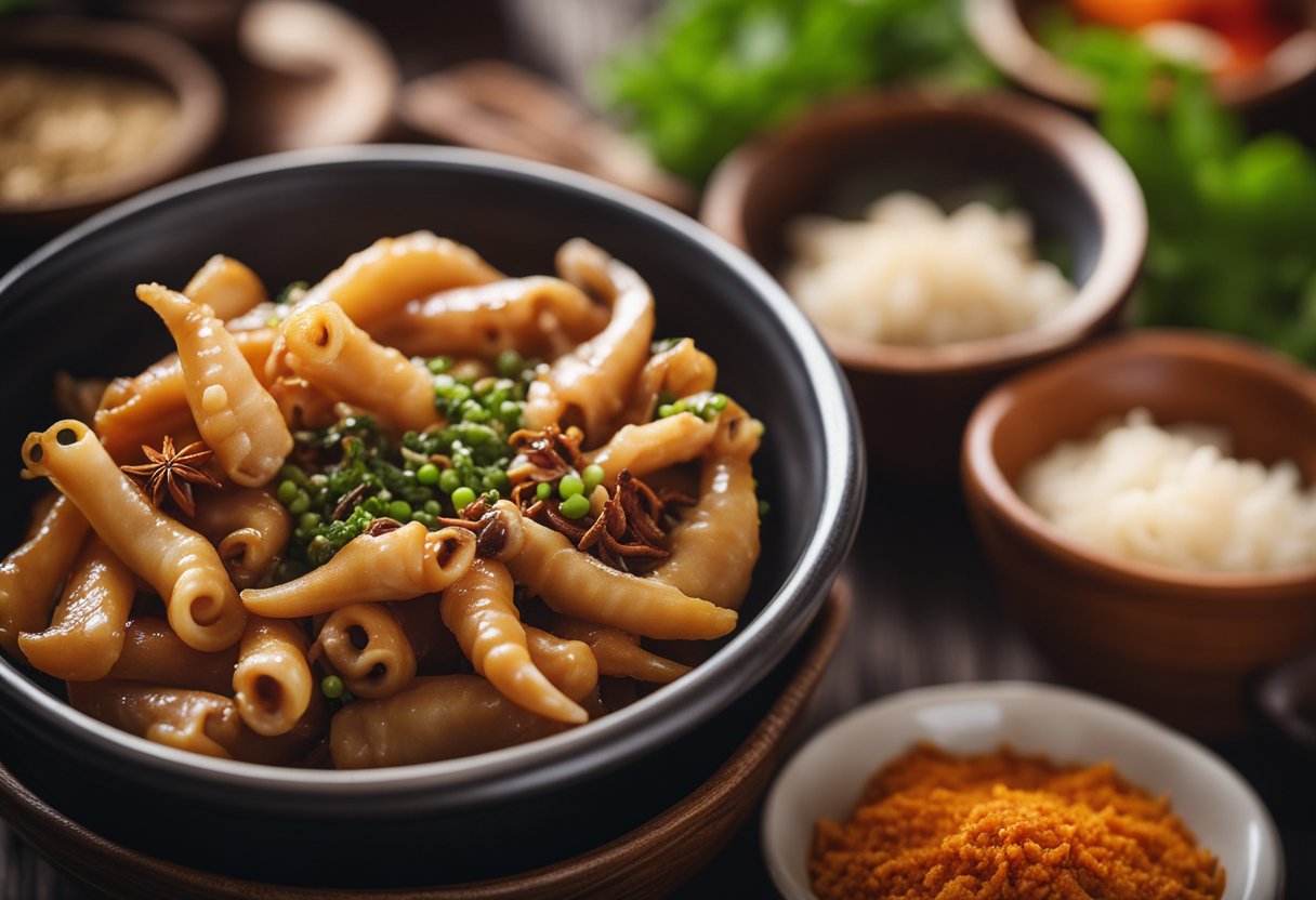 A bowl of pickled chicken feet in a tangy, spicy brine, surrounded by traditional Chinese spices and ingredients
