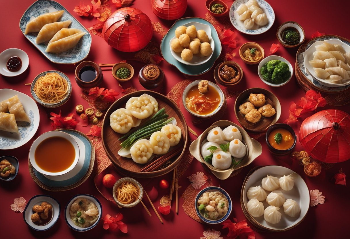 A table filled with traditional Chinese New Year dishes, including dumplings, fish, and rice cakes, surrounded by red paper lanterns and decorative banners