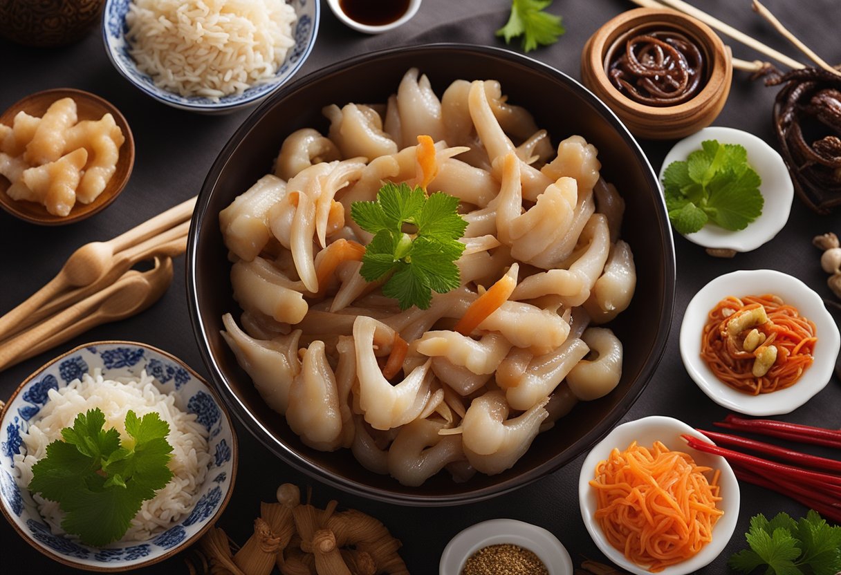 A bowl filled with pickled chicken feet, surrounded by traditional Chinese ingredients and utensils, symbolizing the rich history and cultural significance of the recipe