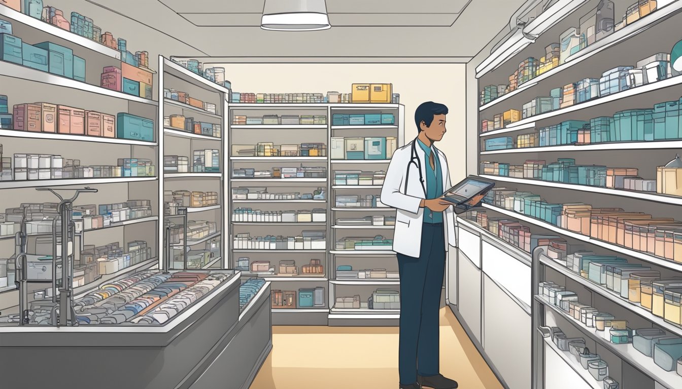A brightly lit medical supply store in Singapore displays a variety of Littmann stethoscopes on shelves, with a helpful salesperson assisting a customer