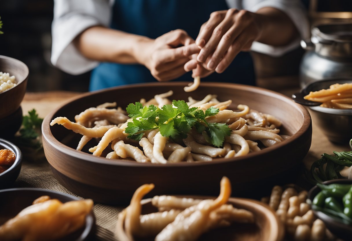 A hand reaches for pickled chicken feet in a traditional Chinese kitchen, surrounded by various ingredients and utensils