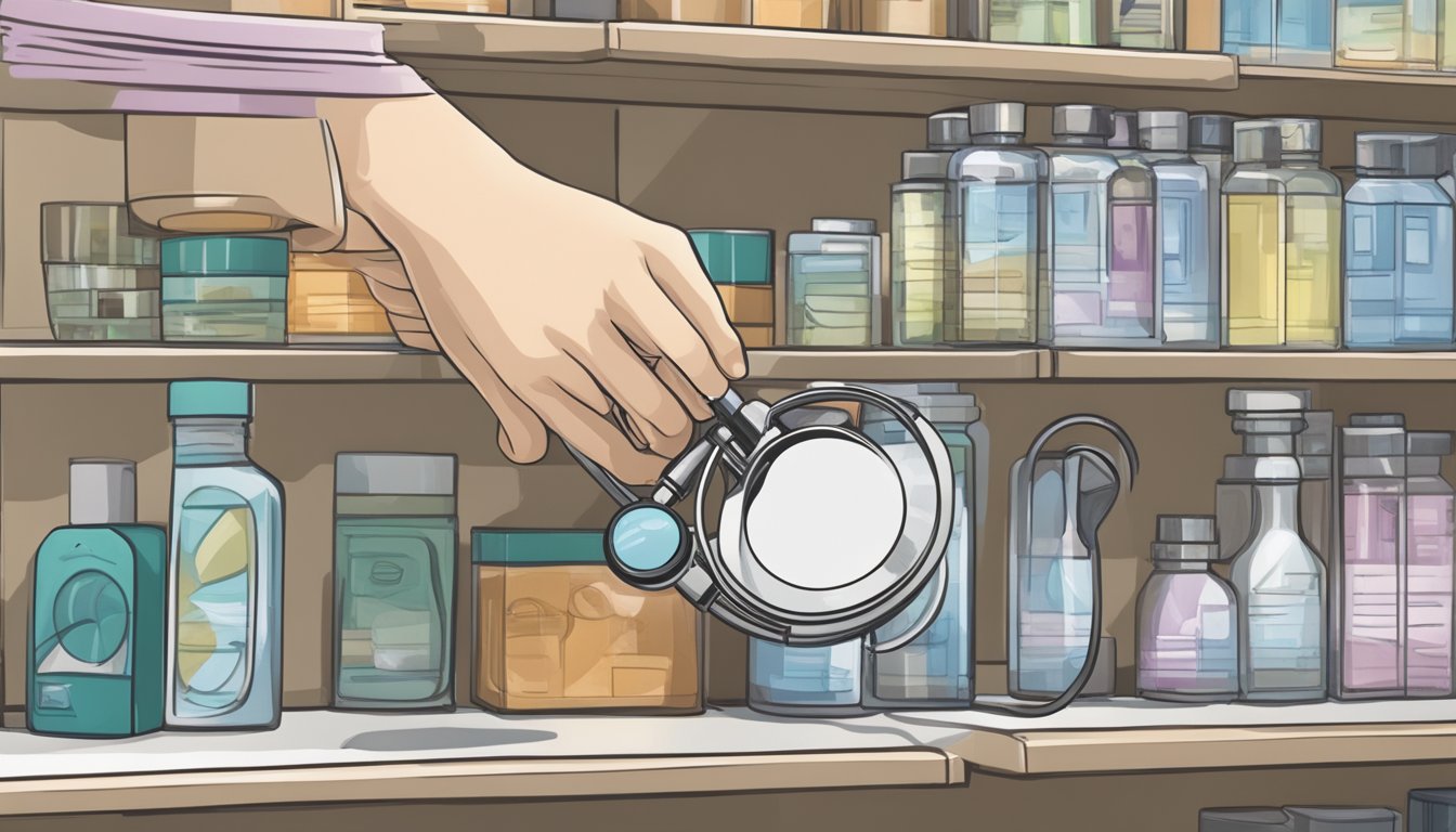 A hand reaching for a Littmann stethoscope on a shelf in a medical supply store in Singapore