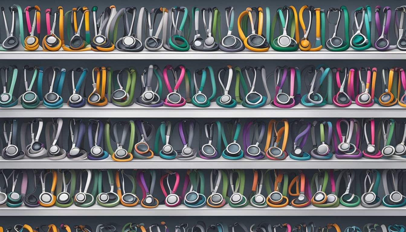 A shelf filled with Littmann stethoscopes, displayed in a Singaporean medical supply store