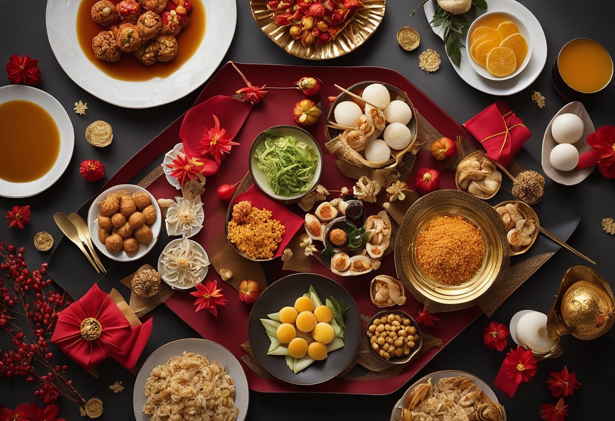 A colorful table spread with traditional Chinese New Year dishes prepared using a Thermomix. Red and gold decorations add a festive touch