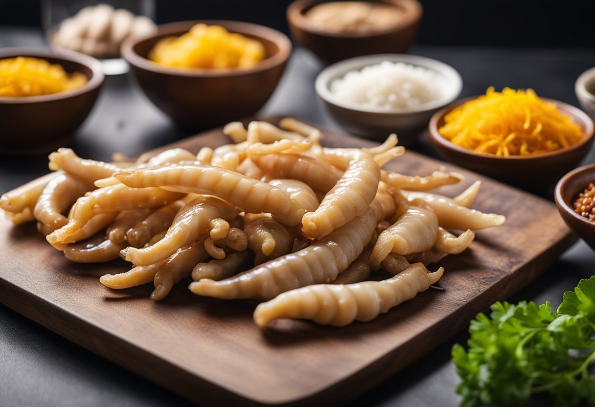 A table displays ingredients: chicken feet, ginger, garlic, soy sauce, vinegar, sugar, and spices for Chinese pickled chicken feet