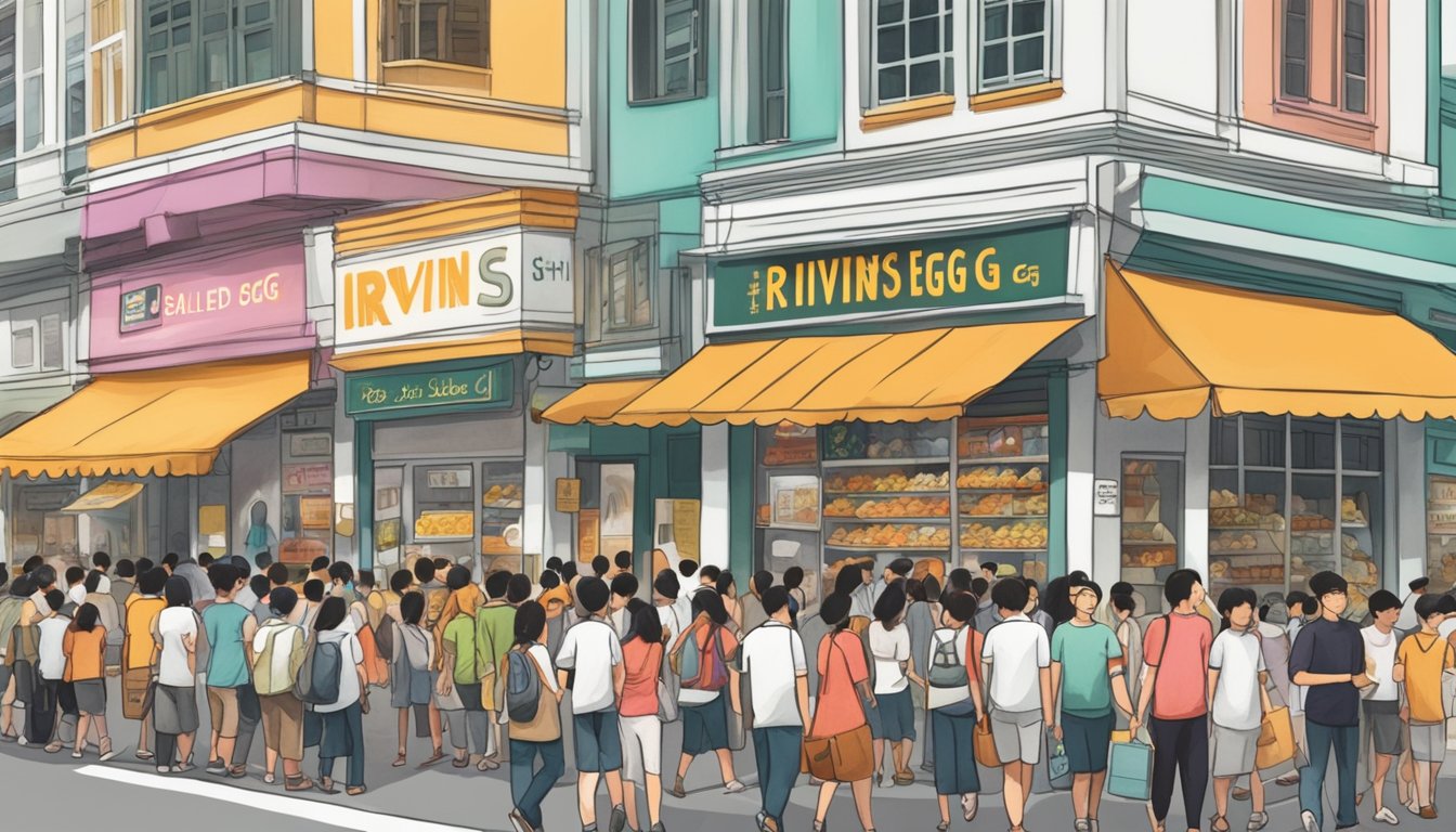A bustling street in Singapore, with colorful storefronts and a prominent sign reading "Irvins Salted Egg" drawing in a crowd of eager customers
