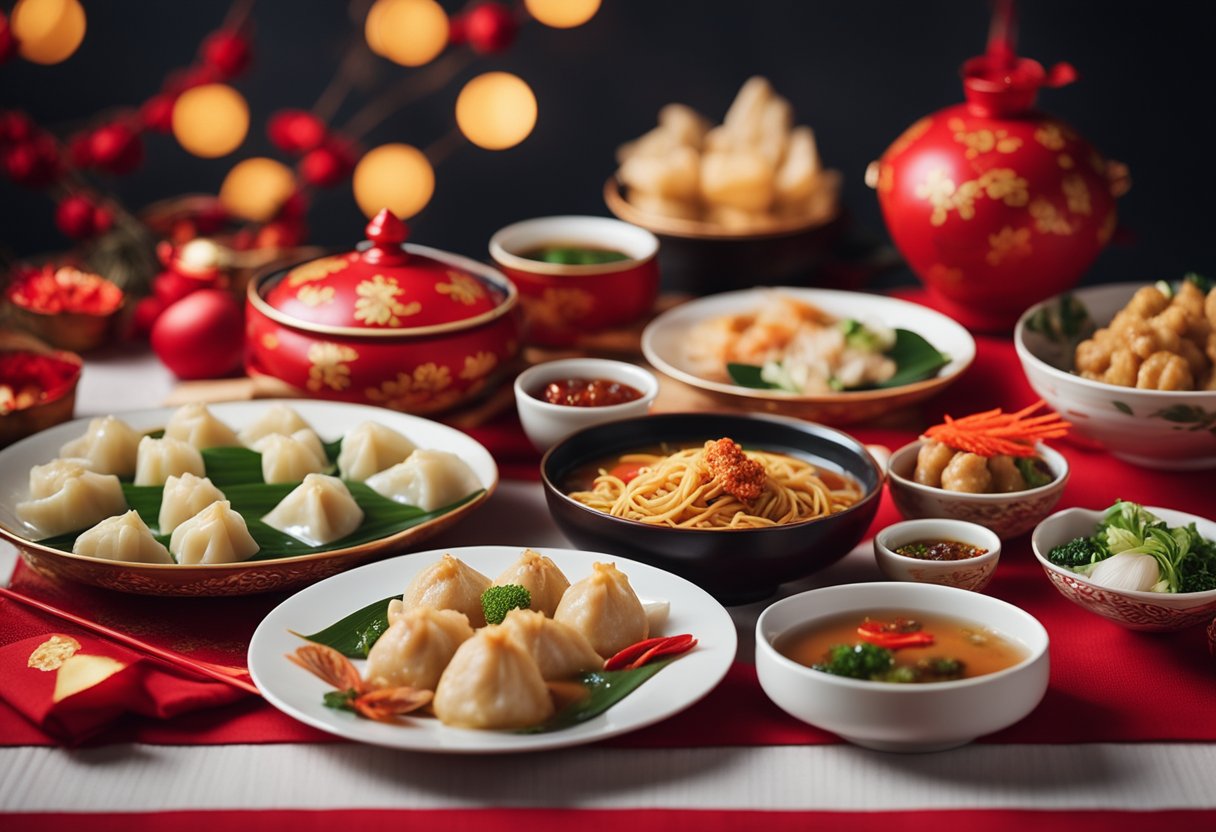 A table adorned with traditional Chinese New Year dishes cooked in a Thermomix, including dumplings, noodles, and steamed fish, surrounded by festive decorations and red lanterns