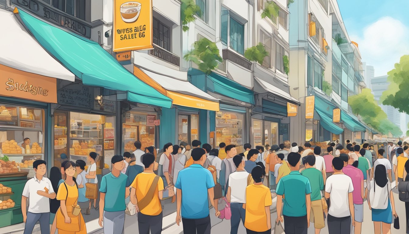 A bustling street in Singapore, with colorful storefronts and a prominent sign reading "Irvins Salted Egg" drawing in a crowd of eager customers