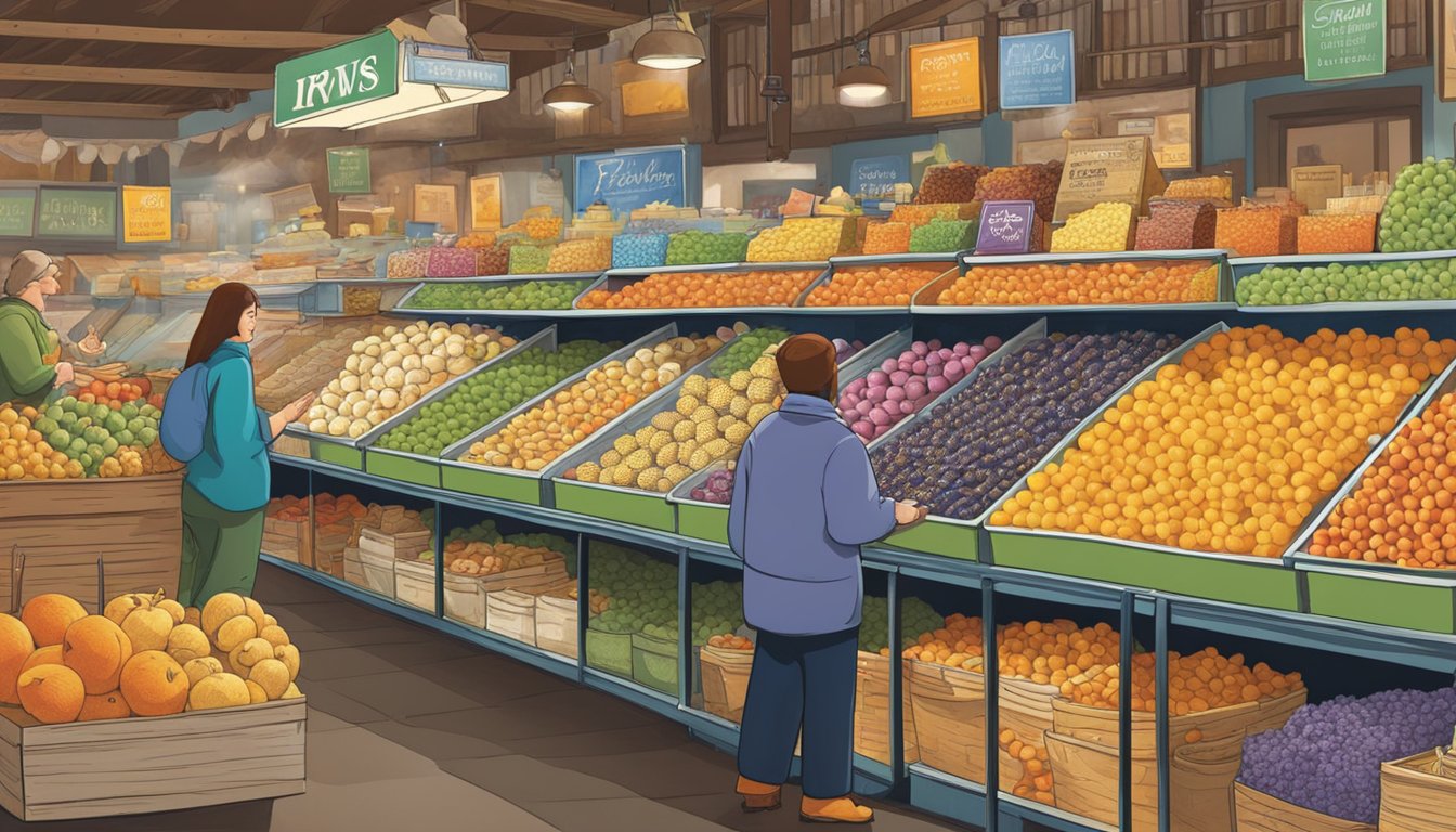 A bustling market stall displays a colorful array of Irvins' Delightful Varieties. Customers browse the shelves, admiring the tempting snacks