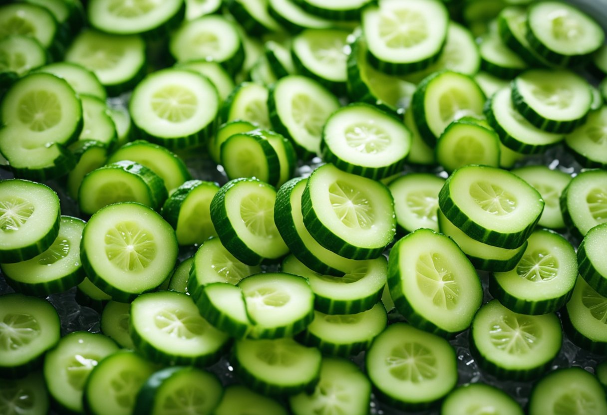 Fresh cucumbers being sliced and mixed with vinegar, sugar, and salt in a bowl. Ginger and garlic added for flavor