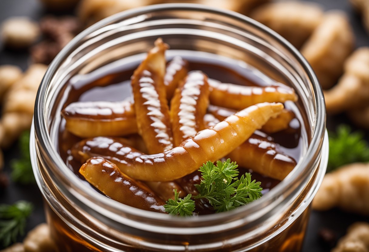 Chicken feet submerged in a brine of vinegar, soy sauce, and spices in a large glass jar. A lid is tightly sealed, and the jar is left to pickle for several days
