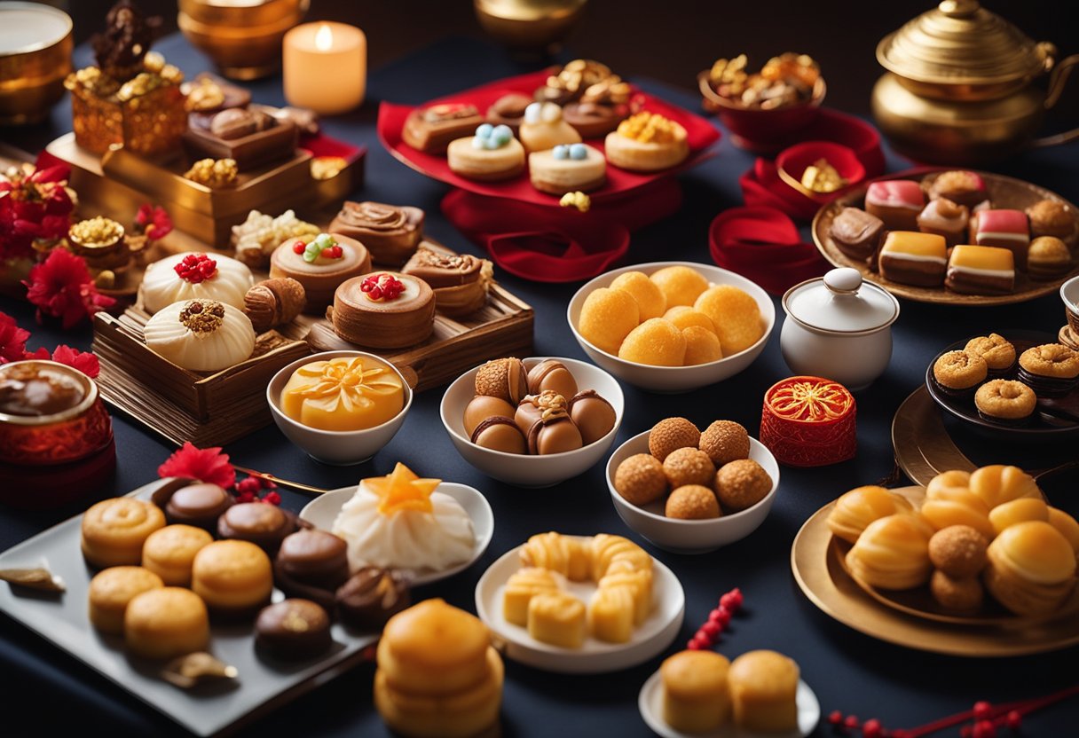 A table adorned with colorful traditional Chinese desserts and pastries, surrounded by red and gold decorations for the Lunar New Year celebration