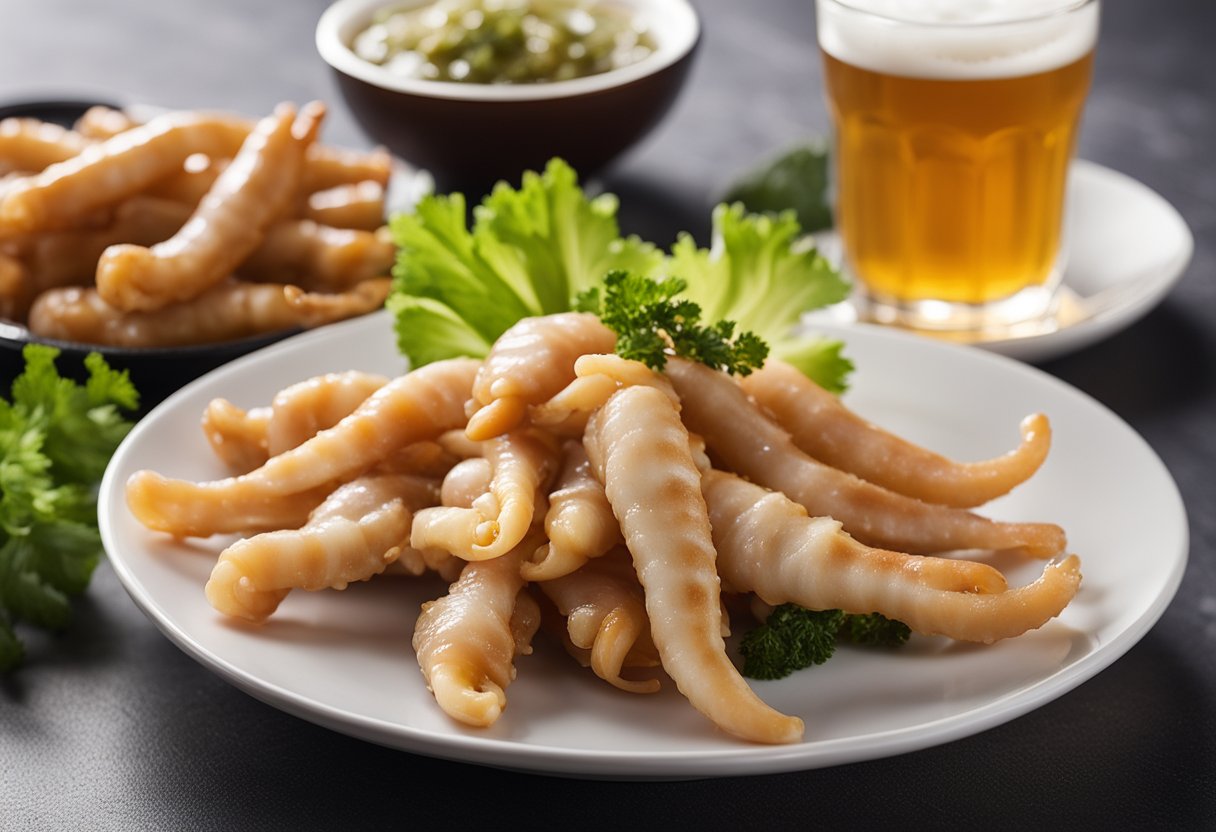 A plate of pickled chicken feet next to a bowl of spicy dipping sauce, accompanied by a glass of cold beer