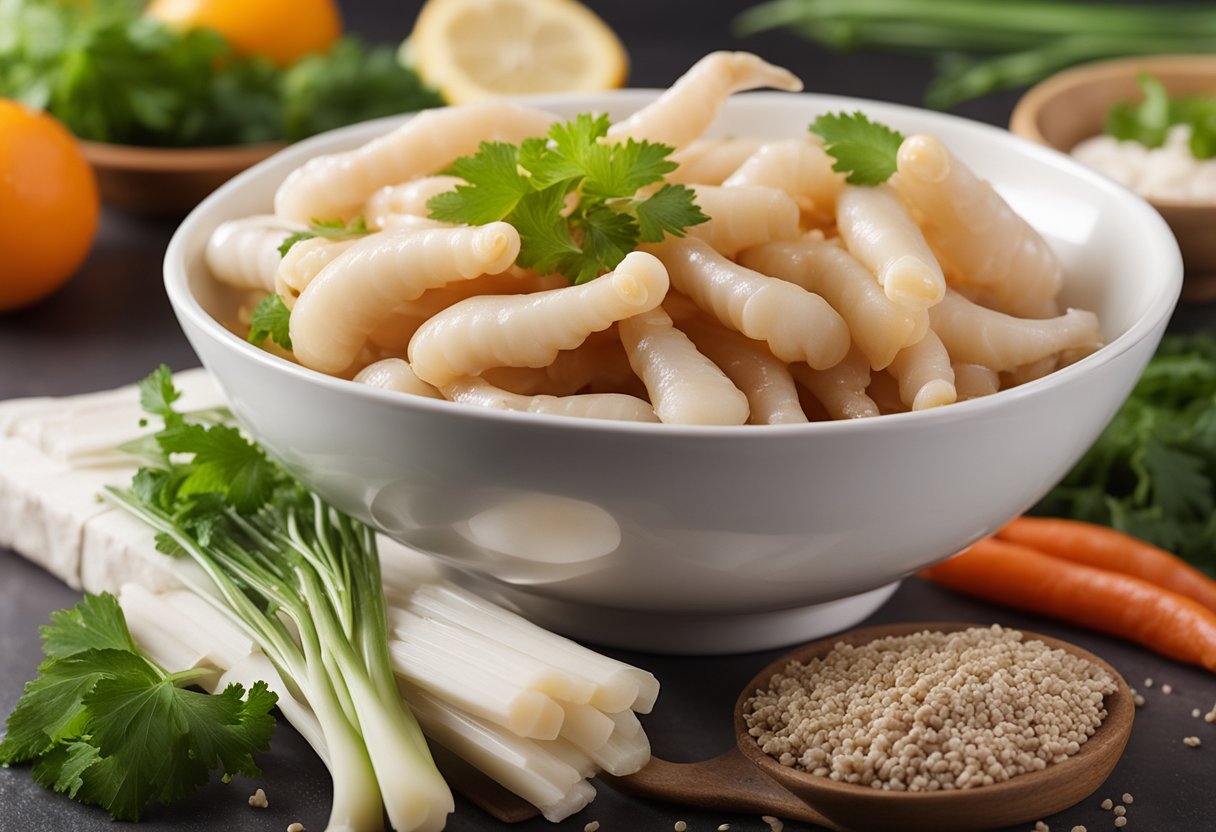 A bowl of pickled chicken feet surrounded by ingredients and a recipe book
