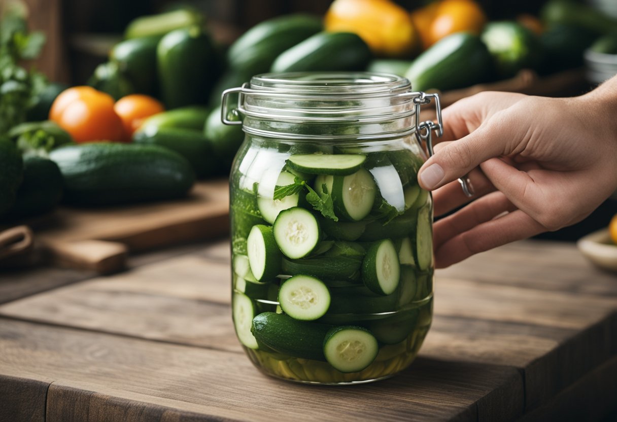 A hand reaches for fresh cucumbers at a market. A jar of pickling liquid sits nearby, with spices and herbs scattered around