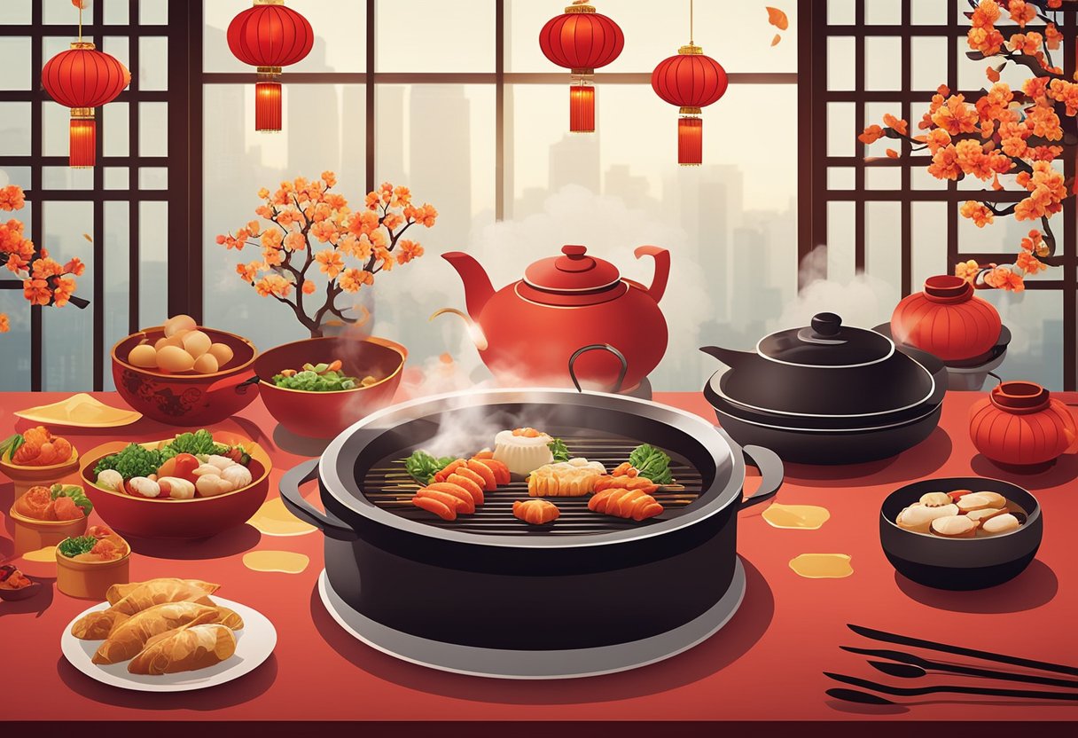 A table set with traditional Chinese New Year dishes, steam rising from a hot pot, red lanterns hanging in the background