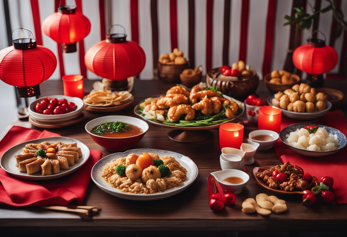 A festive Chinese New Year table spread with Thermomix-cooked dishes, surrounded by red lanterns and traditional decorations