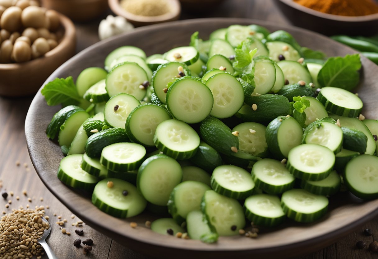 Cucumbers, garlic, and spices are being mixed in a large bowl of brine. Vinegar and sugar are added, creating the pickling solution