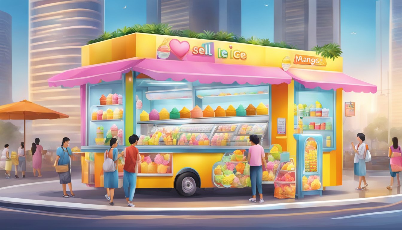 A colorful ice cream stand in Singapore sells mango ice cream