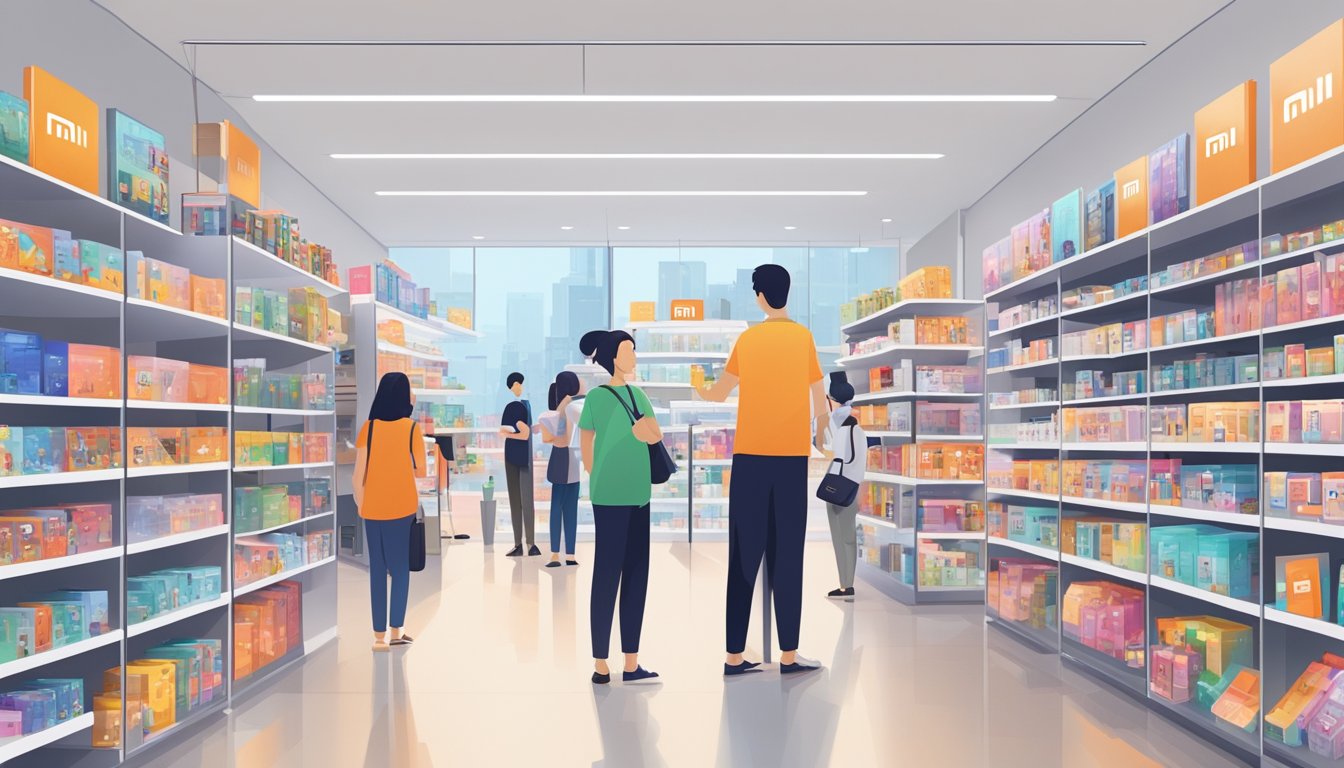 A bustling electronic store in Singapore displays various Xiaomi phones on sleek, well-lit shelves. Customers browse the latest models, while sales representatives assist with inquiries