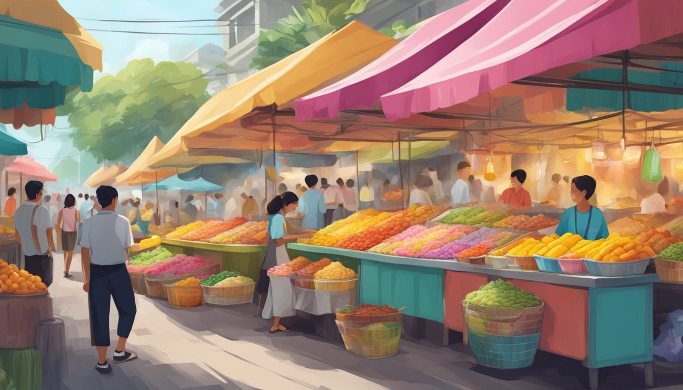 A colorful street market in Singapore, with a vendor offering scoops of vibrant mango ice cream in a bustling, vibrant atmosphere