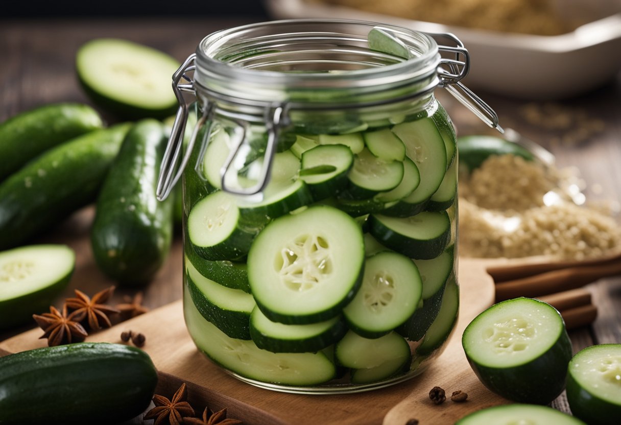 Fresh cucumbers being sliced and placed in a jar with vinegar, salt, and spices. The jar is then sealed and stored for pickling