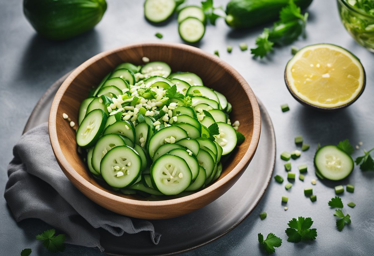 A bowl of sliced cucumbers in a tangy, vinegary marinade, garnished with sesame seeds and chopped scallions