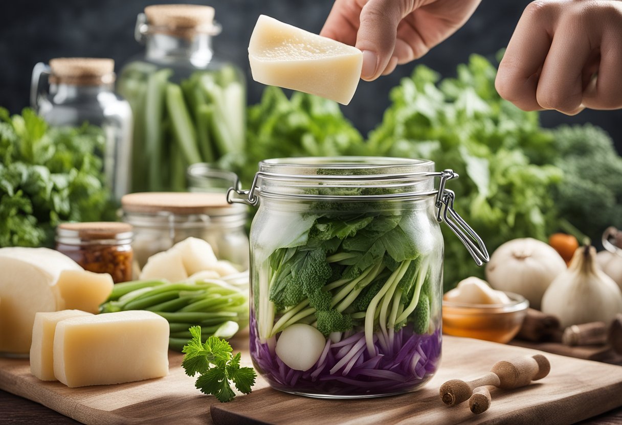 A hand reaching for a jar of pickled daikon. Ingredients surround it, including daikon, vinegar, and spices