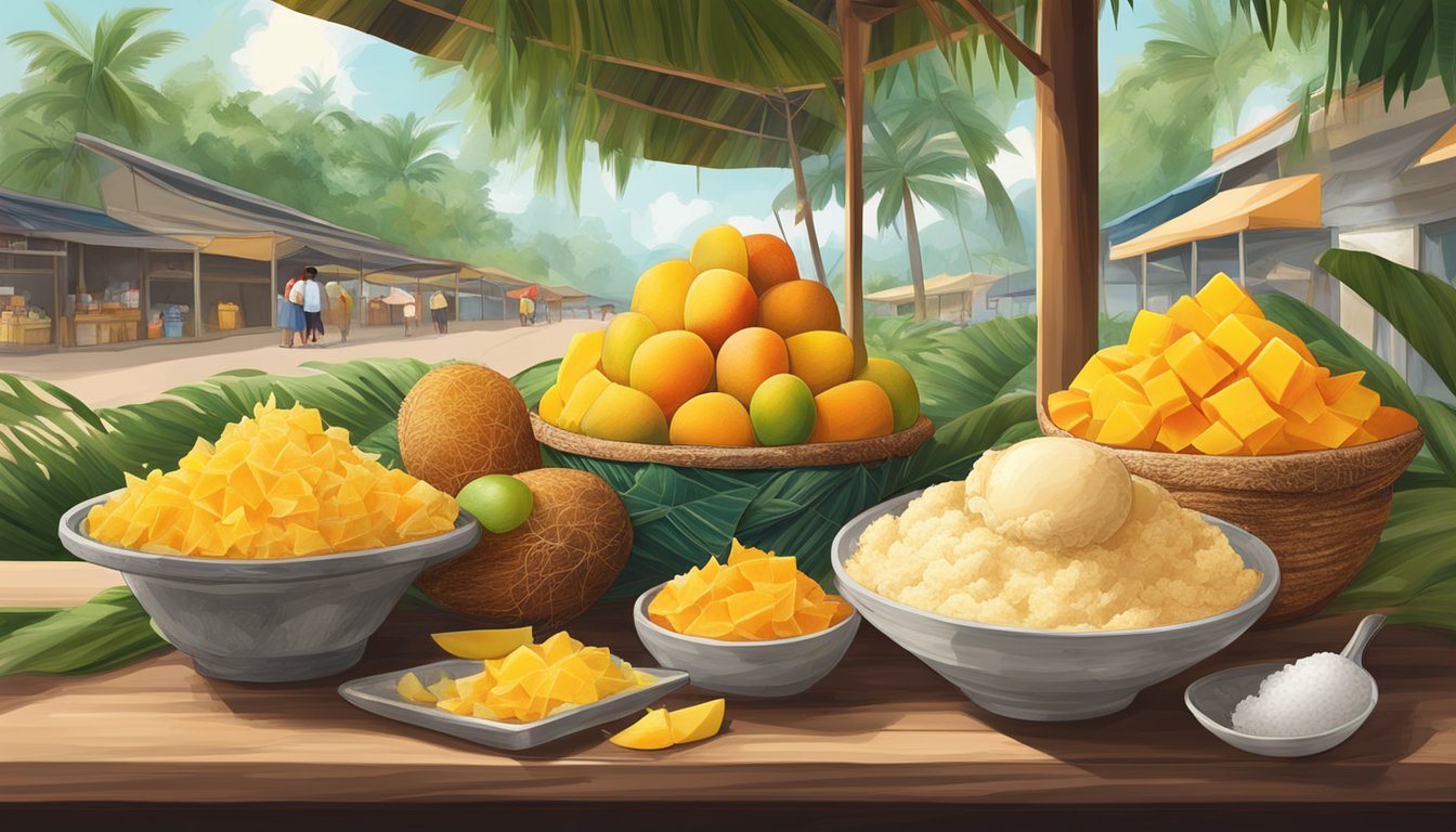 A vibrant display of ripe mangoes, coconut shavings, and tropical fruits arranged alongside a scoop of mango ice cream in a local Singaporean market