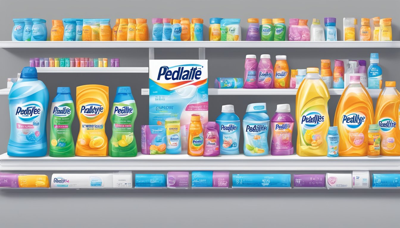 A brightly lit pharmacy shelf displays various Pedialyte products in Singapore. The logo and packaging are prominently featured, with price tags visible