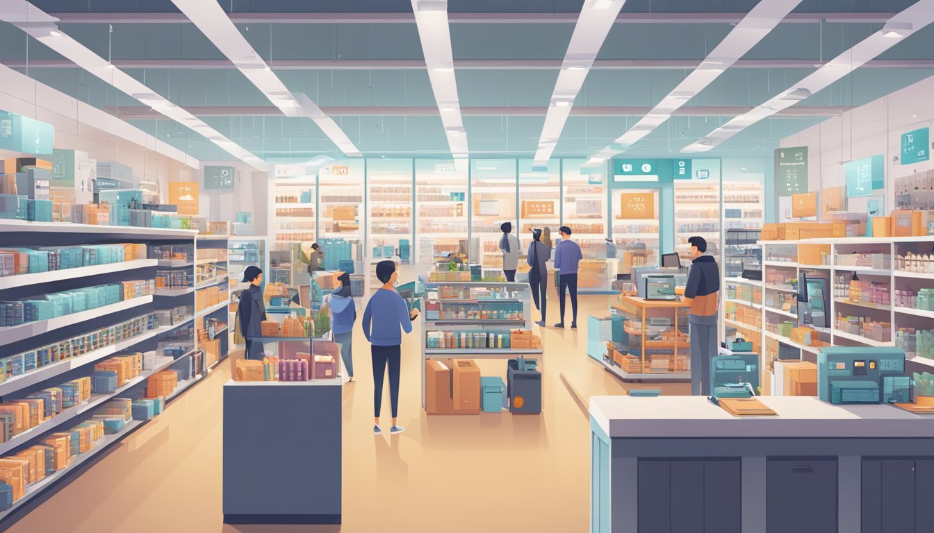 A bustling electronic store with shelves stocked with Xiaomi phones, customers browsing, and a prominent "Frequently Asked Questions" sign
