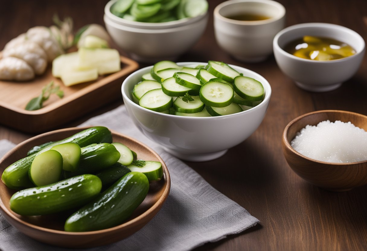 A bowl of Chinese pickled cucumbers, surrounded by ingredients like vinegar, sugar, and salt. A recipe card with nutritional information is placed next to the bowl