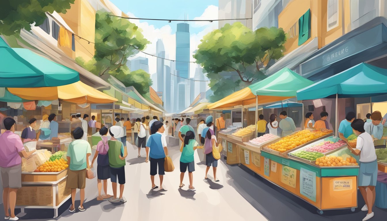 A bustling street market with colorful signs and vendors selling mango ice cream in Singapore