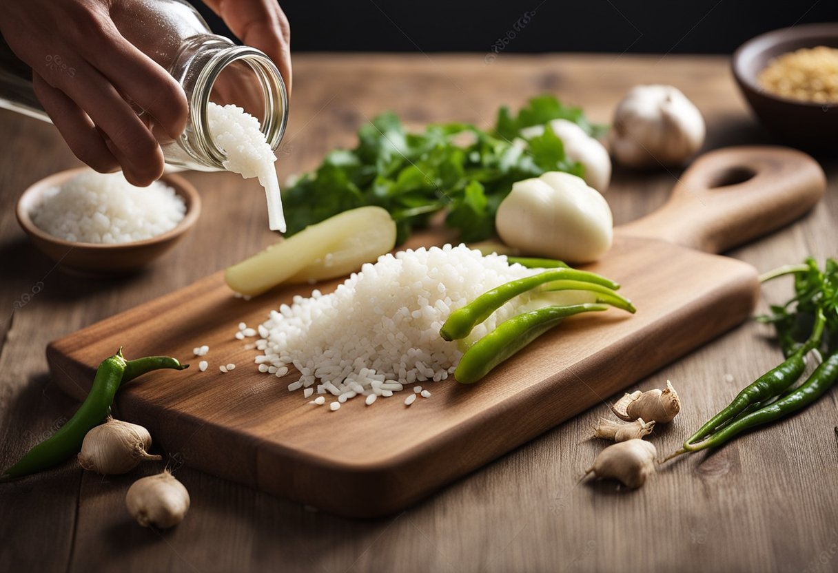 A hand reaches for fresh daikon, ginger, garlic, and chili peppers on a wooden cutting board. A bottle of rice vinegar and a bowl of sugar sit nearby