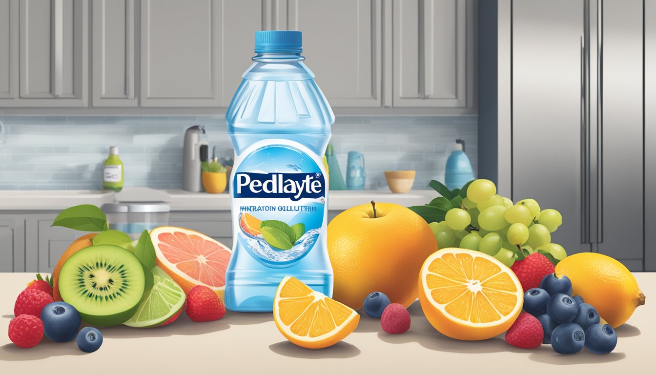 A bottle of Pedialyte sits on a kitchen counter, surrounded by colorful fruits and a glass of water. The label prominently displays the brand name and the words "hydration solution."