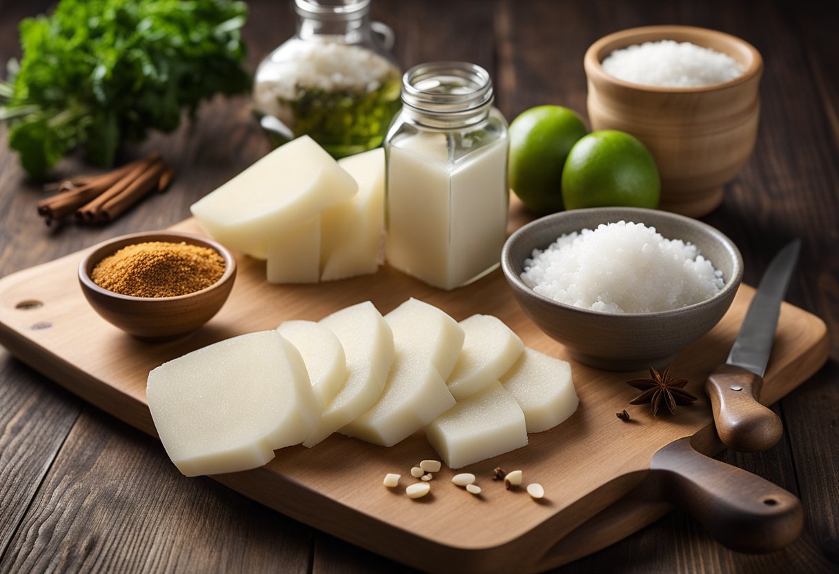 A cutting board with peeled daikon, a sharp knife slicing it into thin strips, a bowl of salt and sugar, and a jar of vinegar and spices
