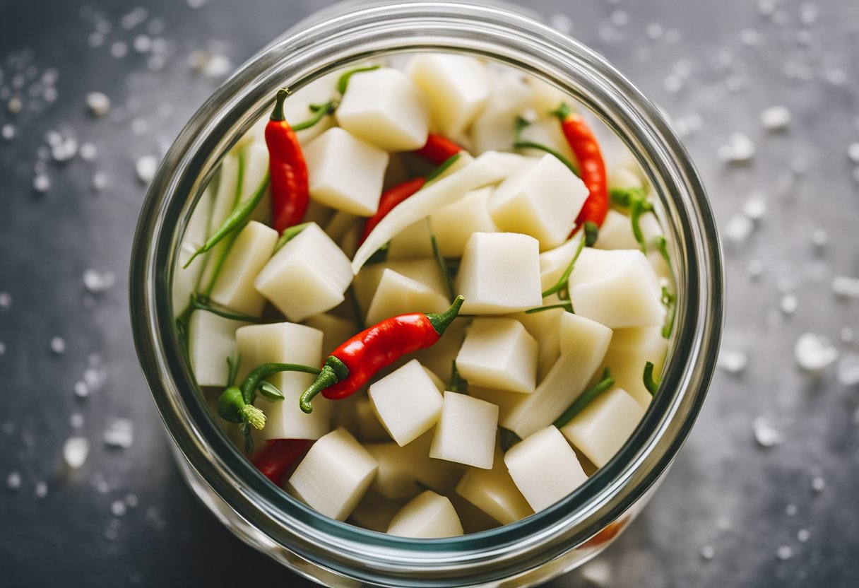 A large glass jar filled with sliced daikon, garlic, and chili peppers, submerged in a brine of vinegar, sugar, and salt, sitting on a kitchen counter