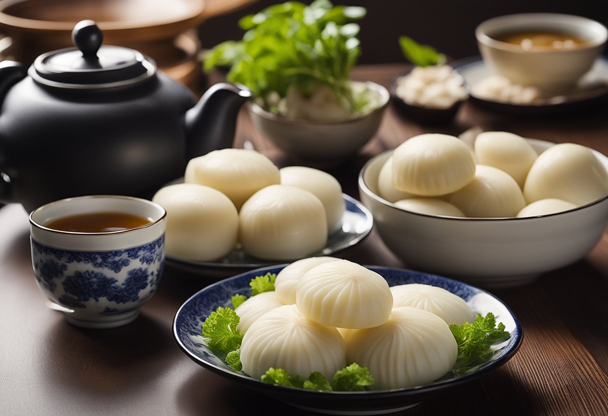 A bowl of tangy Chinese pickled daikon sits next to a plate of steamed buns, while a teapot and cups complete the setting