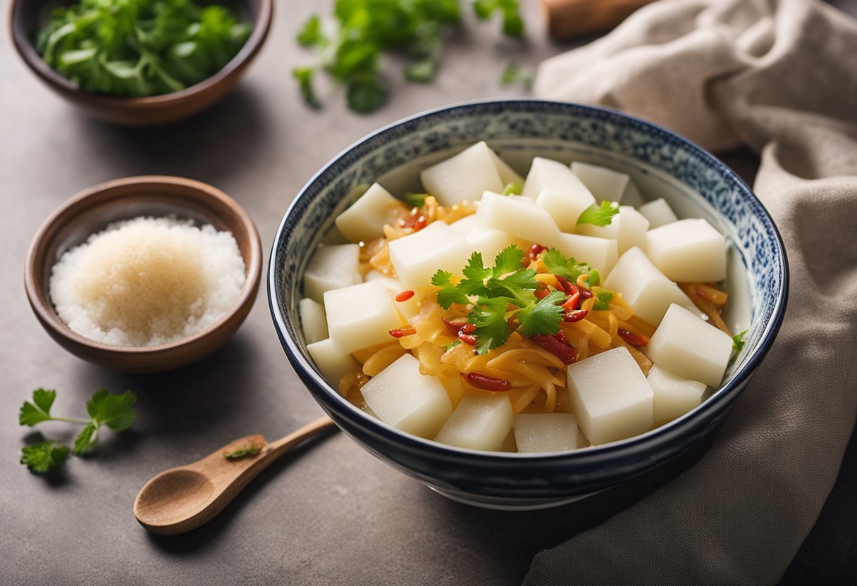 A bowl of sliced daikon soaking in a mixture of vinegar, sugar, and salt, with a few pieces of chili pepper and ginger floating on top
