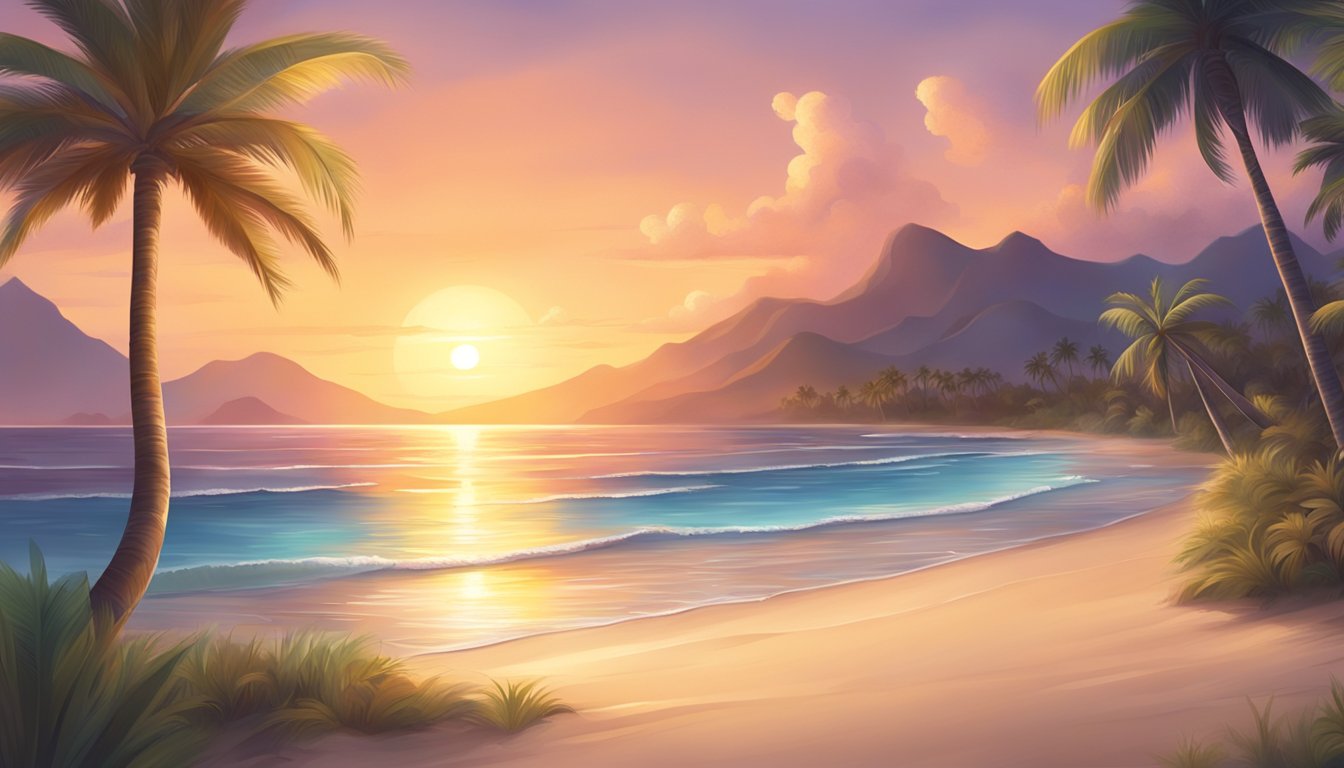 A serene beach with crystal clear waters, palm trees swaying in the gentle breeze, and a peaceful sunset casting a warm glow over the landscape