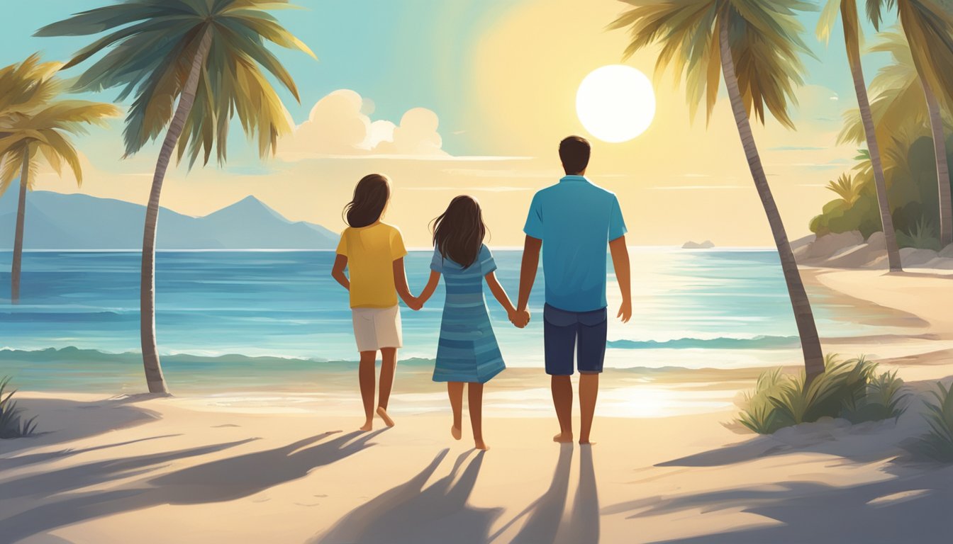 A family of four stands on a pristine beach, with clear blue waters and palm trees in the background. The sun is shining and there is a sense of safety and relaxation in the air