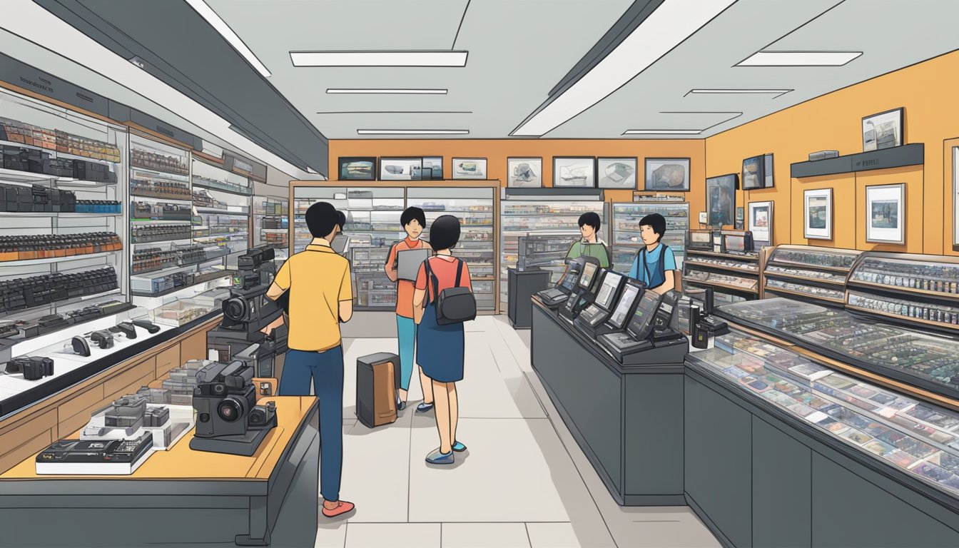 A bustling camera store in Singapore showcases a range of Leica products, with knowledgeable staff assisting customers