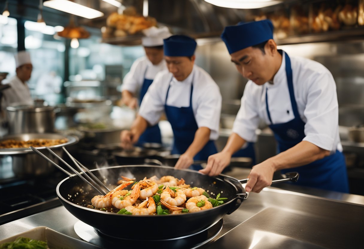 A sizzling wok tosses marinated tiger prawns with garlic, ginger, and soy sauce in a bustling Chinese kitchen