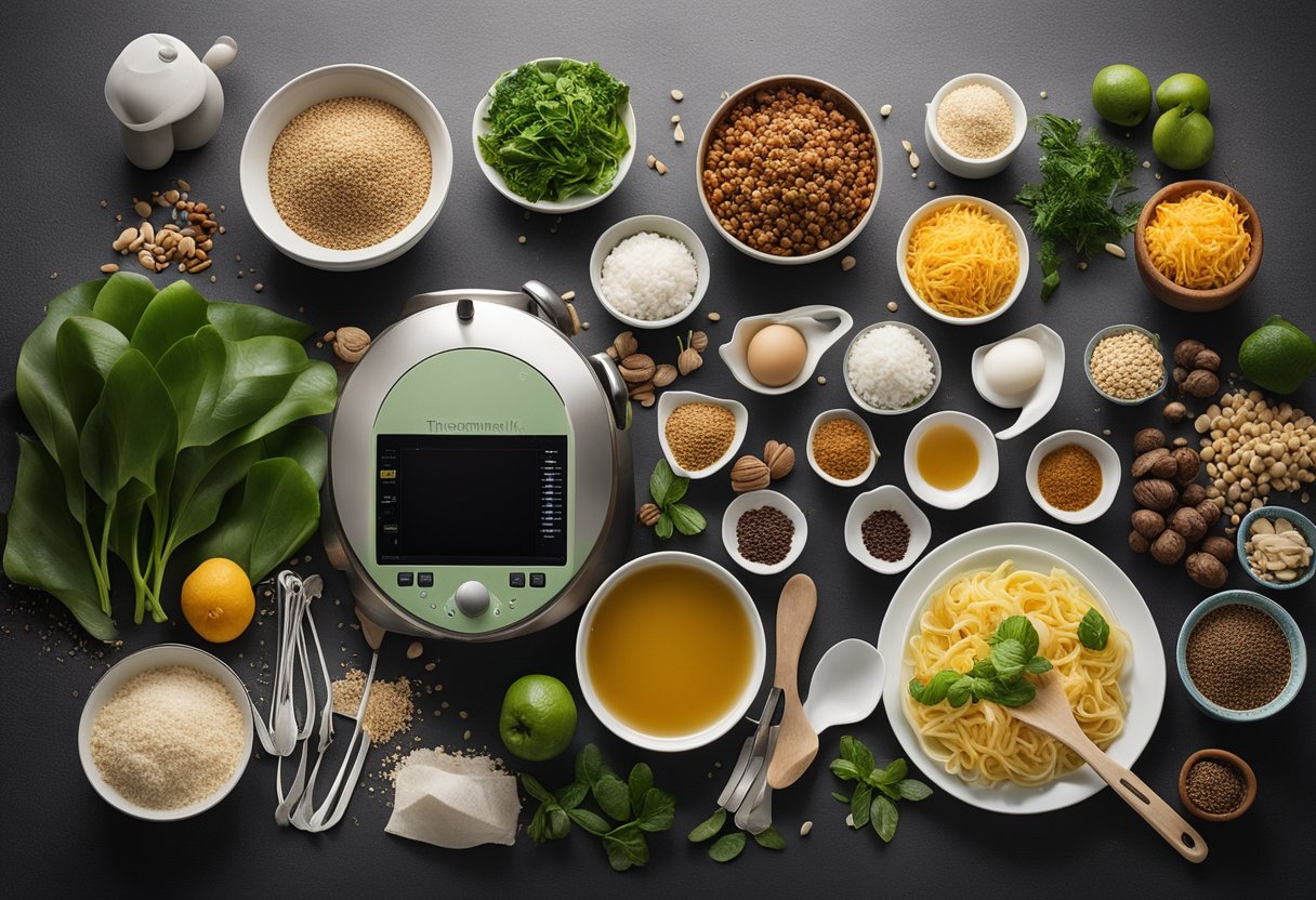 A table with Thermomix TM6 surrounded by various Chinese ingredients and cooking utensils